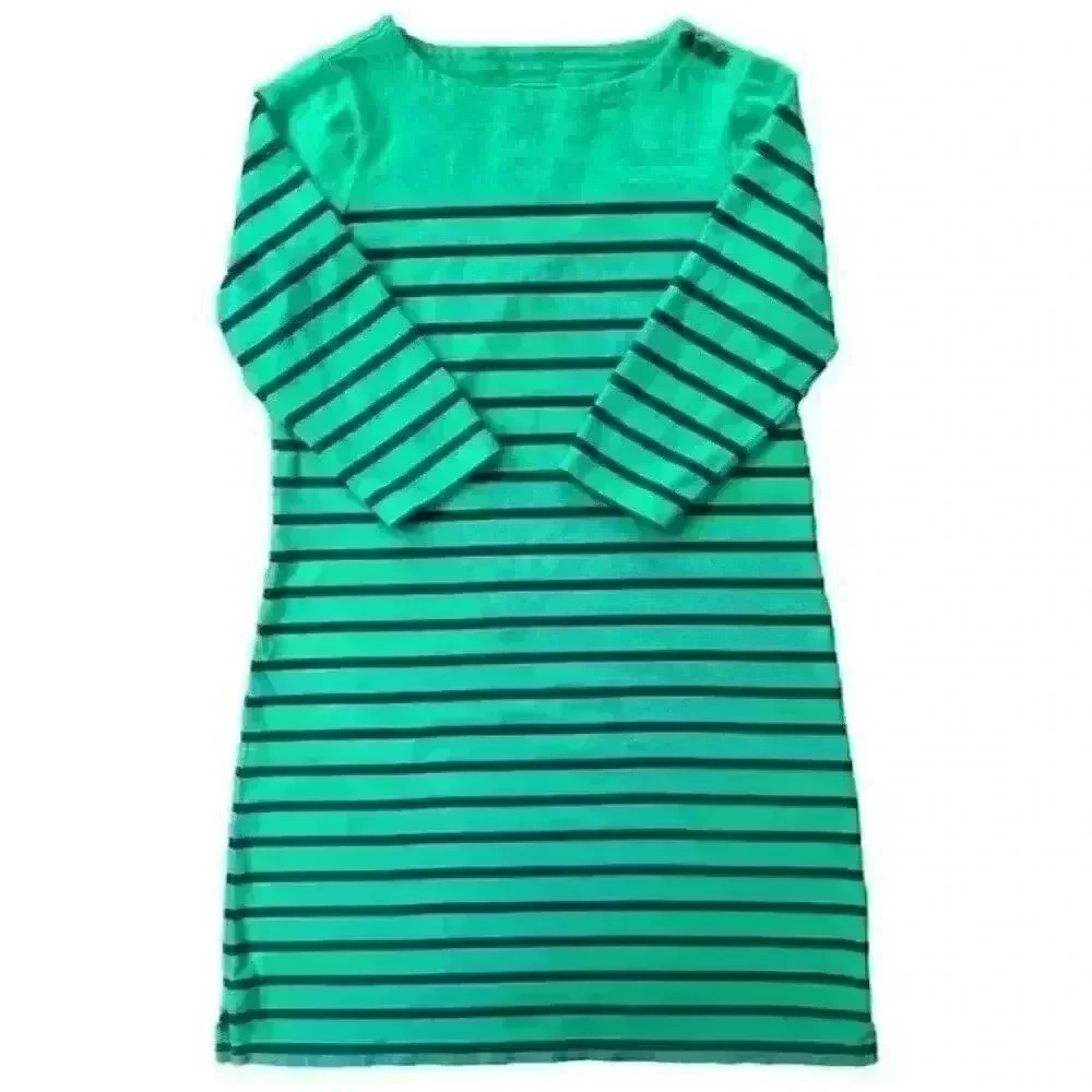 L.L. BEAN Nautical Stripe Sailor Dress Boat Neck 3/4 Sleeve Sz MEDIUM Navy Green